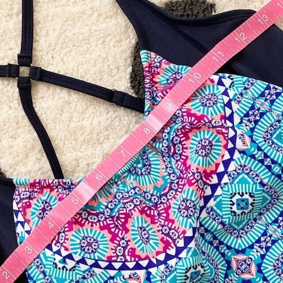 NWT Athleta $84 32D/DD Fiji Blousy Blue Pink Print Padded UPF 50+ Tankini Top - Picture 13 of 14